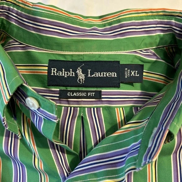 Ralph Lauren Classic-Fit  Long Sleeve Woven Shirt Striped Green‎ Orange Size-XL - Picture 3 of 7